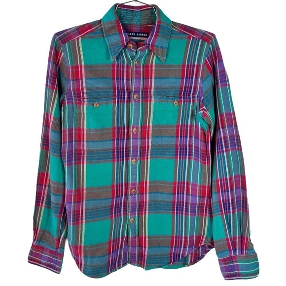 RALPH LAUREN MULTICOLOUR FANNEL PLAID BUTTON DOWN SHIRT PREPPY LONG SLEEVE SMALL - Picture 11 of 12